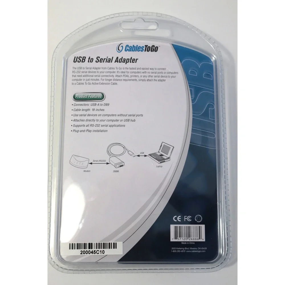 Cables To Go USB to Serial Adapter DB9 RS232 Converter Model 26886 Plug and Play